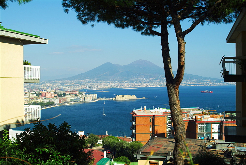 Italy, Campania, Naples bay view, town and Mt Vesuvius with apartments