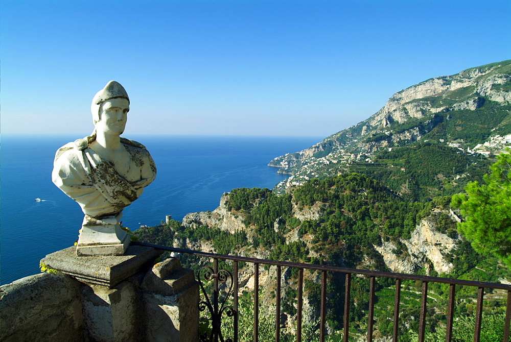 Italy, Campania,  Amalfi Coast,  Ravello (Villa Cimbrone) view of coastline including bust