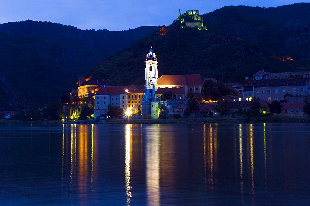 Durnstein, Stiftskirche, Burgruine and River Danube at dusk, Wachau, Austria