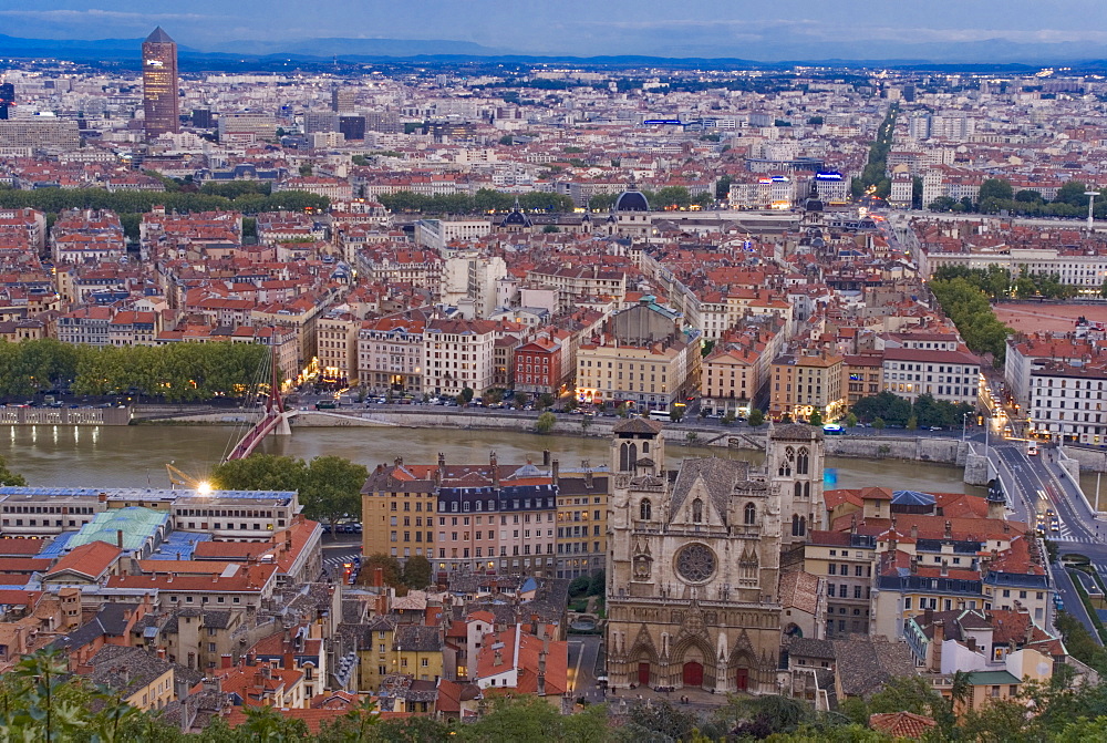 Cityscape, River Saone and cathedral St. Jean, Lyons (Lyon), Rhone, France, Europe