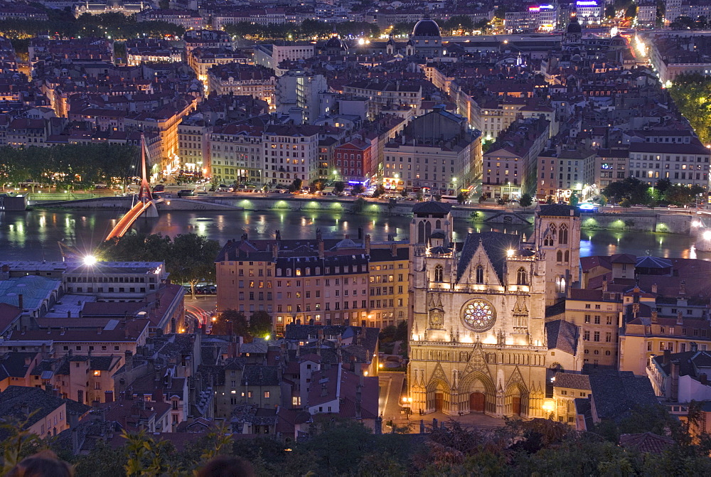 Cityscape, River Saone and cathedral St. Jean at night, Lyons (Lyon), Rhone, France, Europe