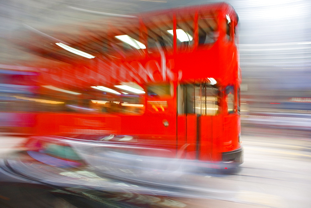 Tram at speed in Central at night, Hong Kong, China, Asia