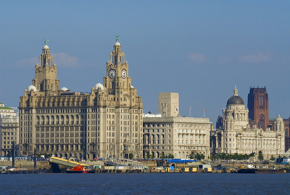 TheThree Graces and cathedral from the River Mersey ferry, Liverpool, Merseyside, England, United Kingdom, Europe