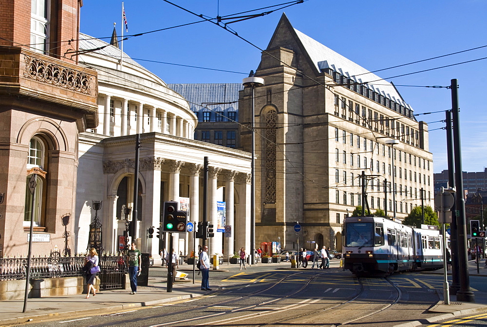 Central Library and tram, Manchester, England, United Kingdom, Europe