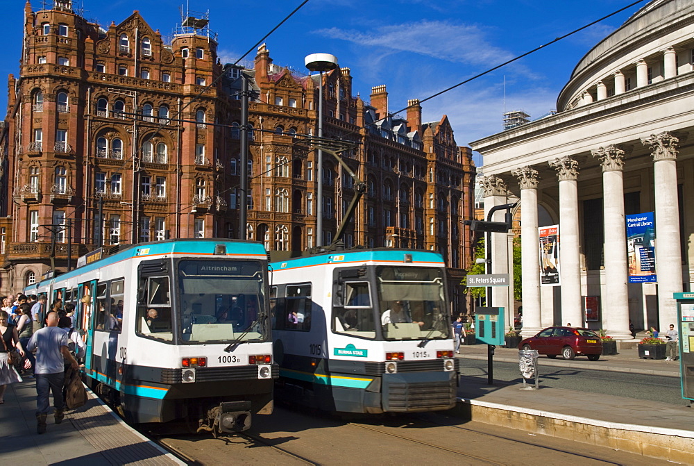 Central Library and tram, Manchester, England, United Kingdom, Europe