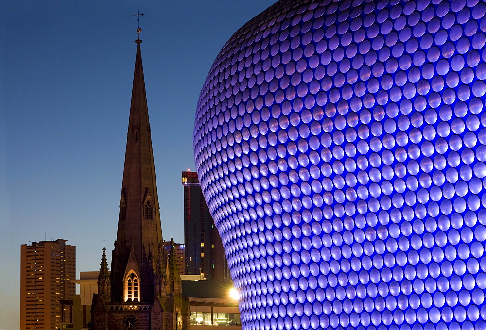 Selfridges and St. Martin's church at dusk, Birmingham, England, United Kingdom, Europe