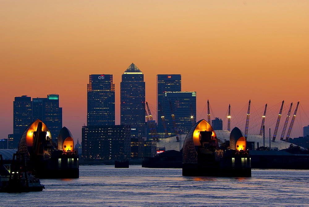 Thames Barrier, O2 Arena, Canary Wharf, London, England, United Kingdom, Europe