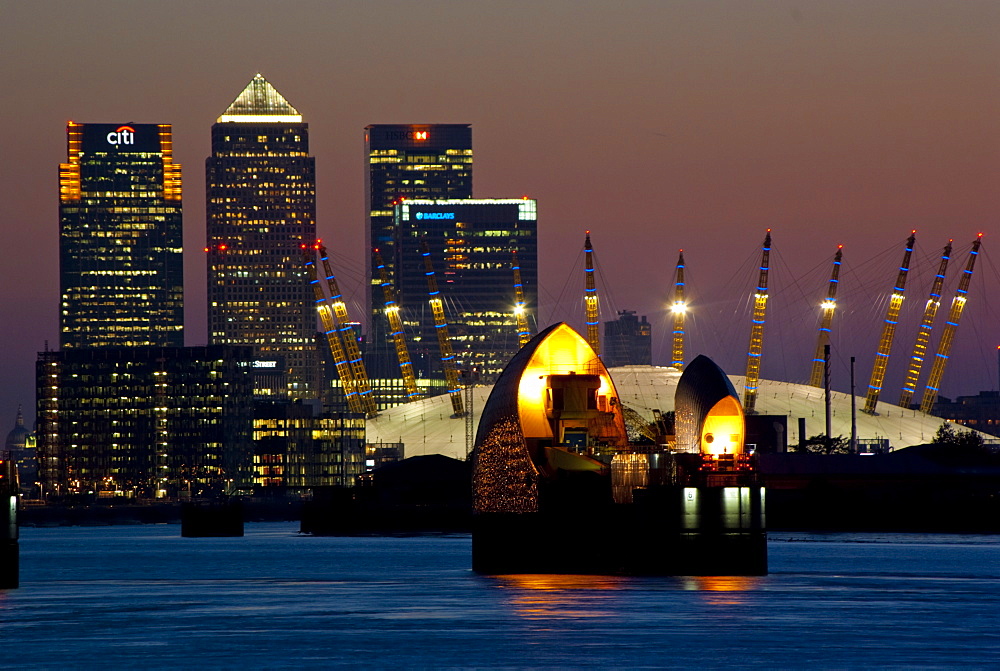 Thames Barrier, O2 Arena, Canary Wharf, London, England, United Kingdom, Europe