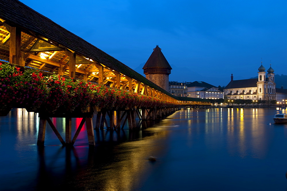 Chapel bridge at dusk, Lucerne, Switzerland, Europe