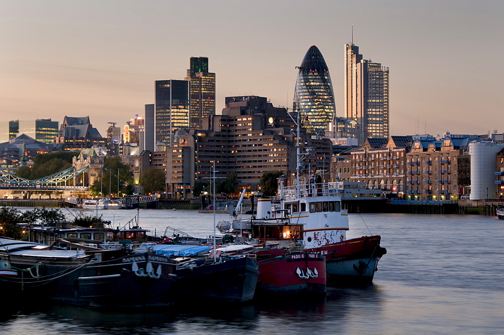 City skyline with Heron Tower at dusk, London, England, United Kingdom, Europe