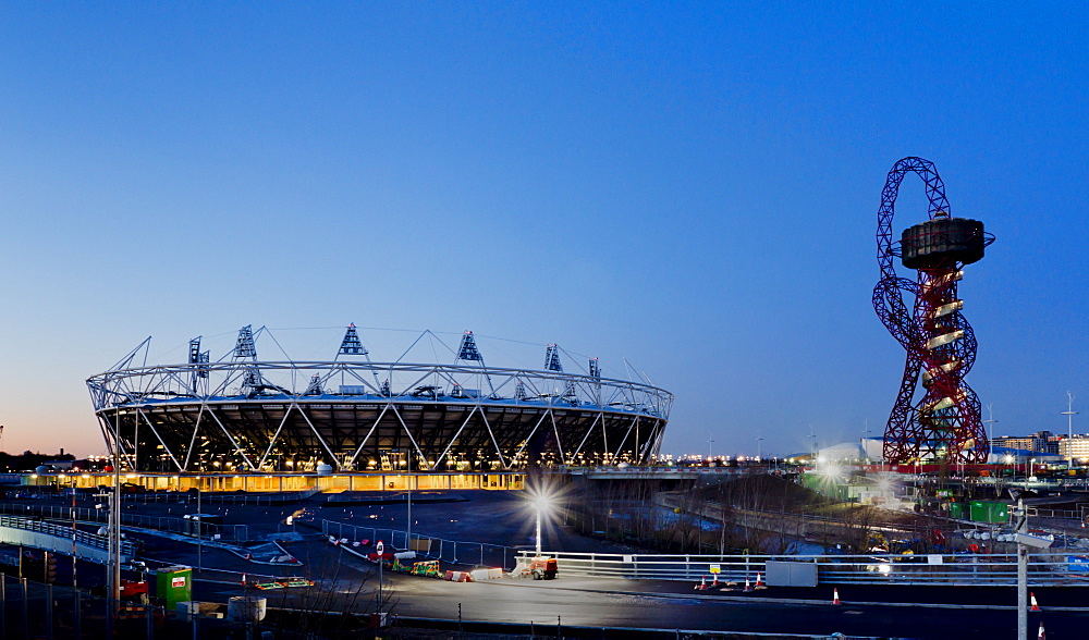 London Olympic Stadium and Orbit tower at dusk, London, England, United Kingdom, Europe