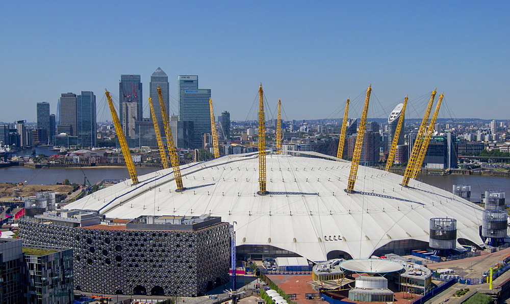 The O2 Arena in Greenwich with Canary Wharf behind, Docklands, London, England, United Kingdom, Europe