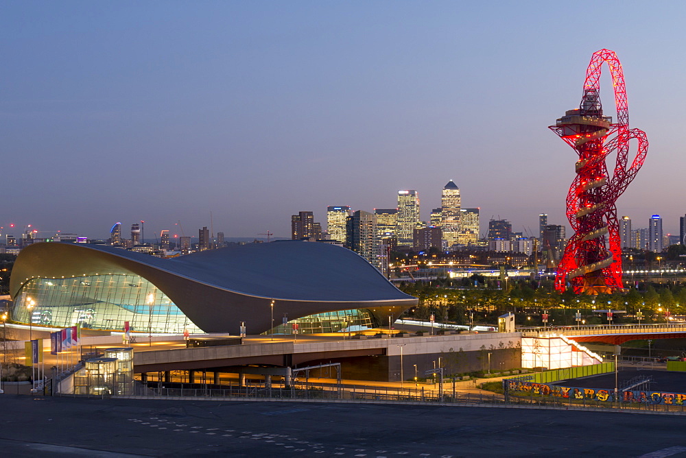 The Orbit, Olympic Park, and Canary Wharf at dusk, London, England, United Kingdom, Europe