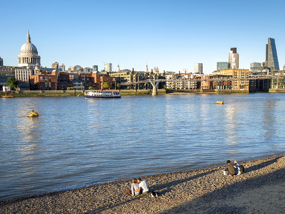 St. Pauls and City skyline, beach beside the River Thames, London, England, United Kingdom, Europe