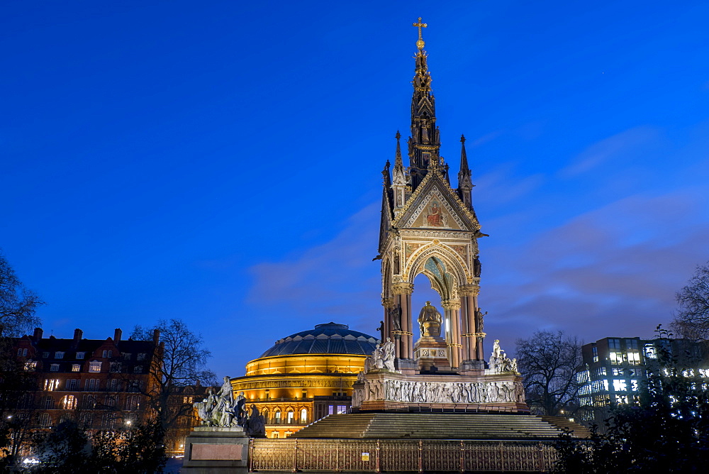 Albert Memorial and Albert Hall at dusk, Kensington, London, England, United Kingdom, Europe