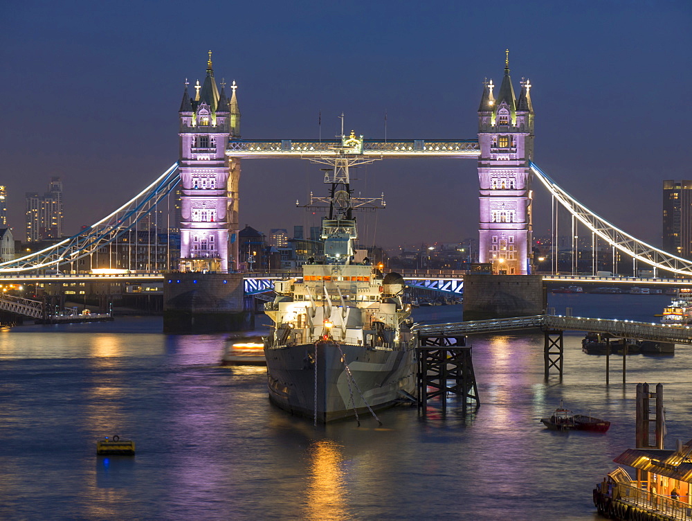 Tower Bridge and HMS Belfast on the River Thames at dusk, London, England, United Kingdom, Europe