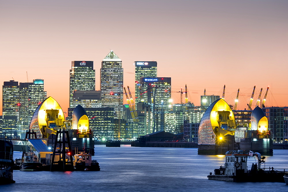 Canary Wharf with Thames Barrier, London, England, United Kingdom, Europe