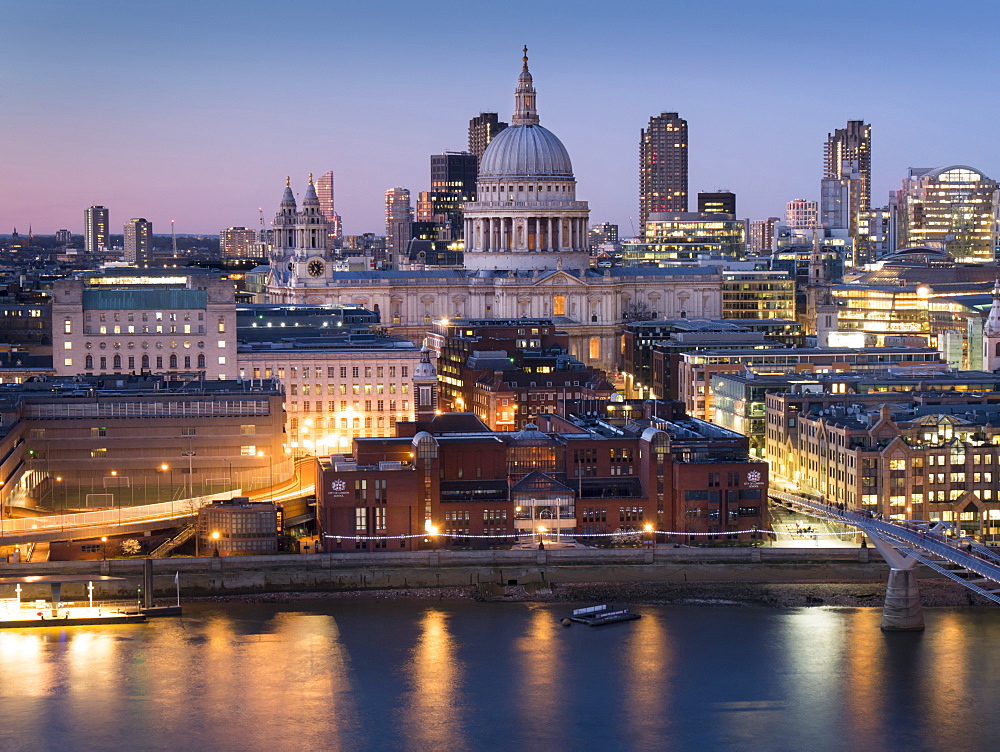 St. Paul's Cathedral and City of London skyline from Tate Switch at dusk, London, England, United Kingdom, Europe