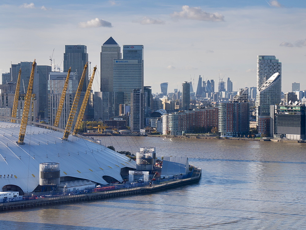 Canary Wharf and O2 from Emirates cable car, Docklands, London, England, United Kingdom, Europe