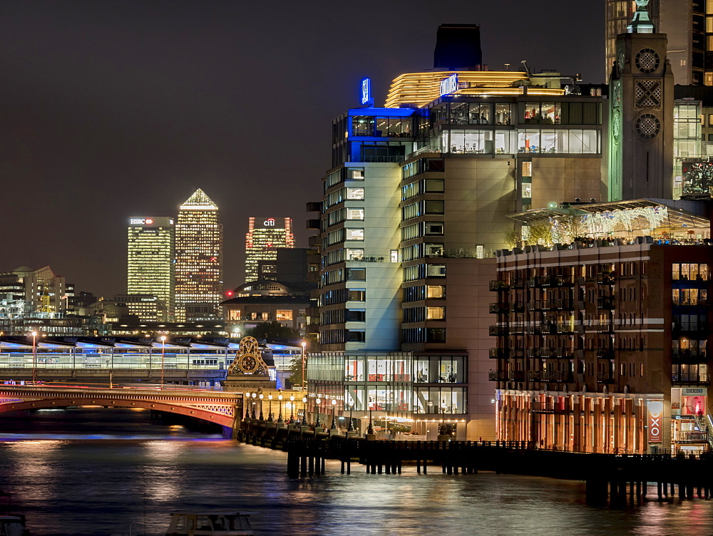 View of Canary Wharf, River Thames and Blackfriars Bridge, London, England, United Kingdom, Europe