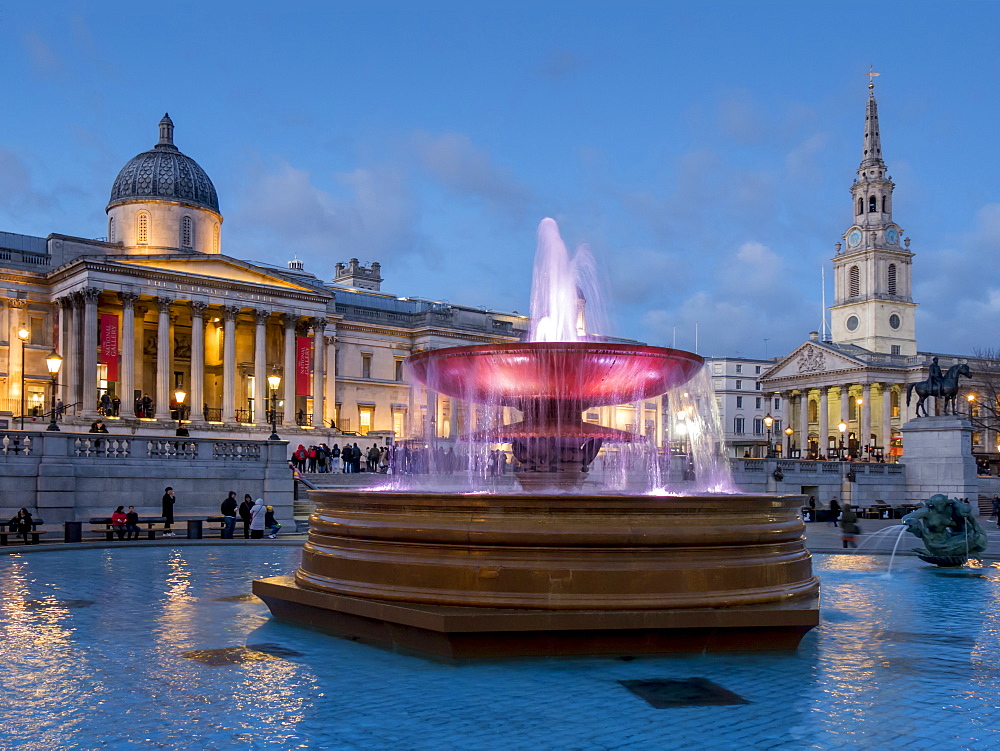 Trafalgar Square fountains and National Gallery at dusk, London, England, United Kingdom, Europe