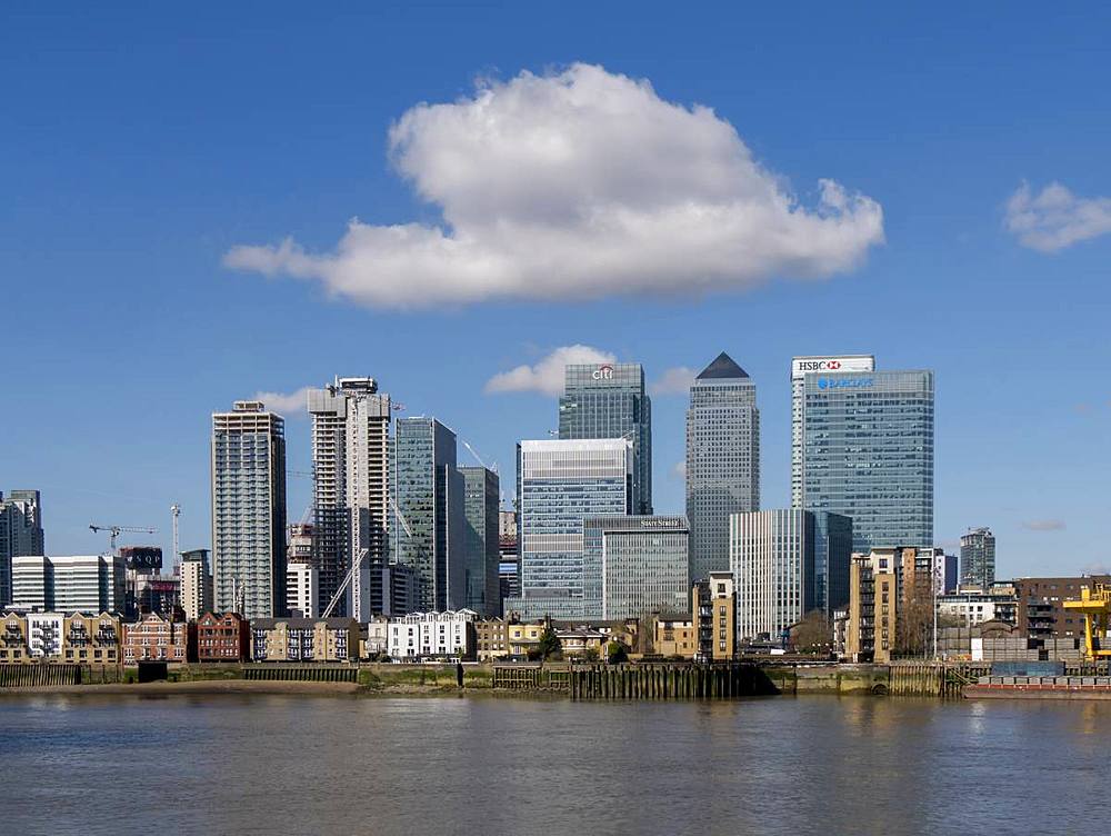 Canary Wharf office towers from Greenwich North, Docklands, London, England, United Kingdom, Europe