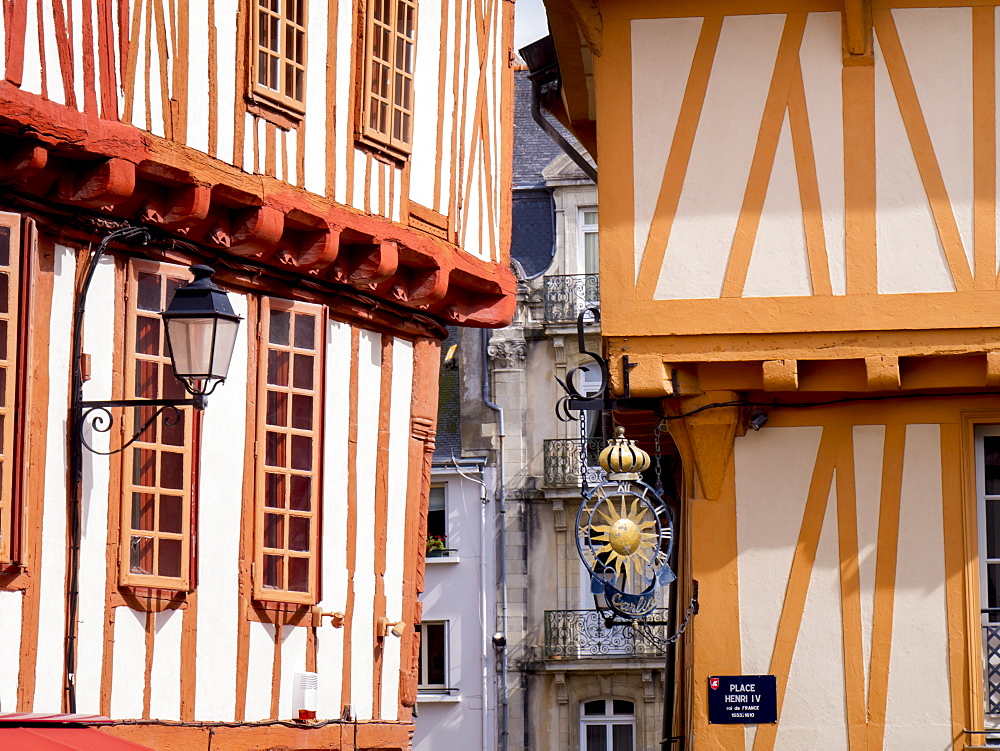 Medieval half timbered buildings in old city, Vannes, Brittany, France, Europe