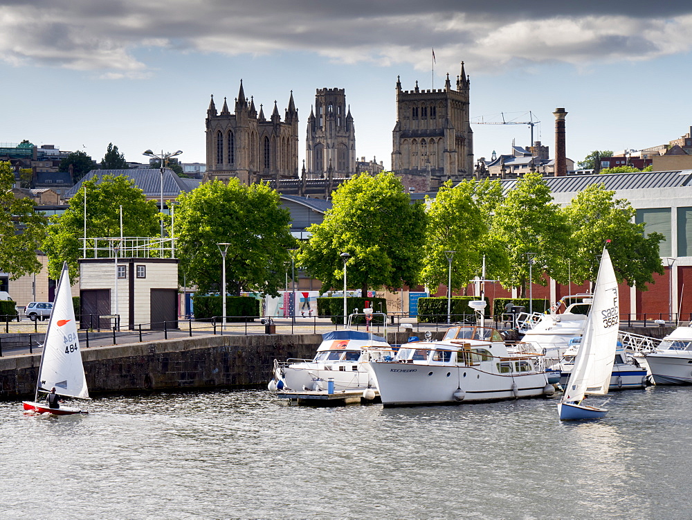 Harbour view, city centre with Cathedral and Univerity towers on skyline, Bristol, England, United Kingdom, Europe