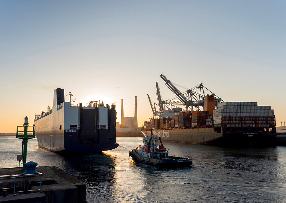 Port area of Le Havre showing container ship, heavy lift dock cranes and iconic twin chimneys, Le Havre, Normandy, France, Europe