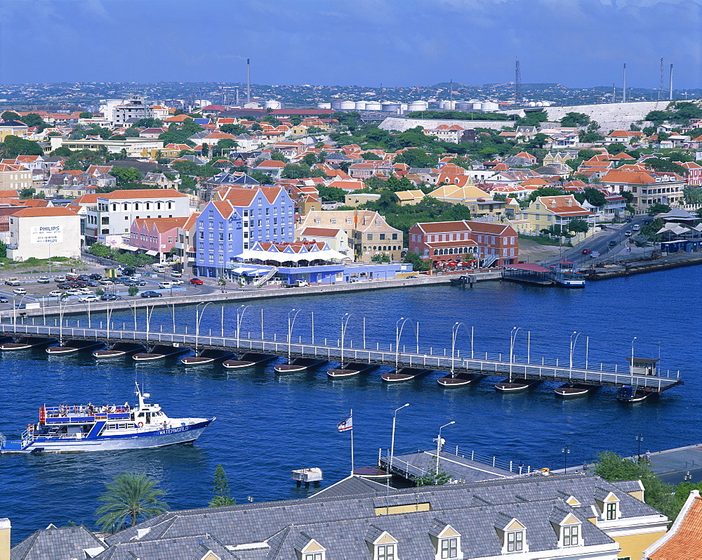 Aerial view over St. Anna Bay, with the Queen Emma Bridge open for boats to pass through, Willemstad, Curacao, Netherlands Antilles, West Indies, Caribbean, Central America