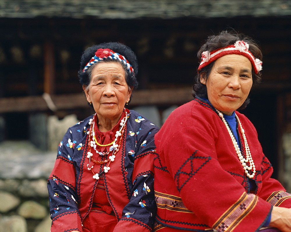 Portrait of two women in traditional dress in Paiwan, Taiwan, Asia