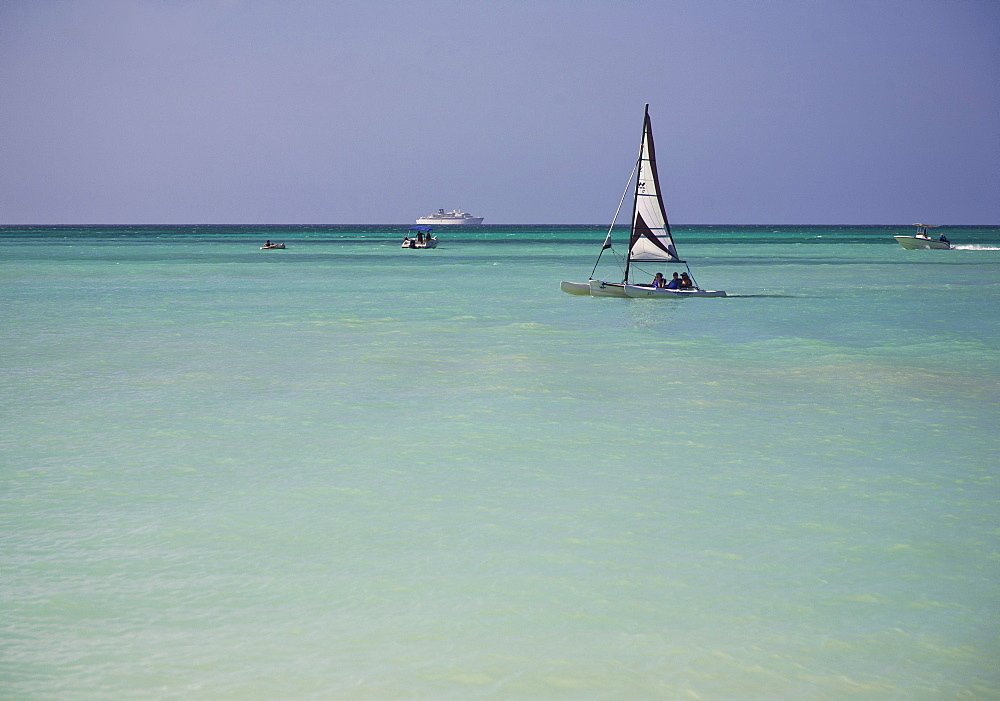 Sailboats in the sea near Palm Beach, Aruba, Dutch Caribbean, Central America