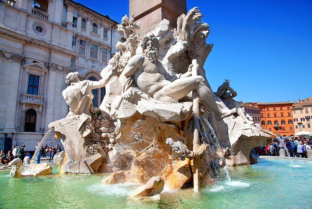 The Four Rivers fountain in Piazza Navona, Rome, Lazio, Italy, Europe