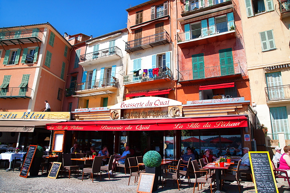 Facade of restaurants along waterfront, Villefranche, Alpes-Maritimes, Provence-Alpes-Cote d'Azur, French Riviera, France, Europe