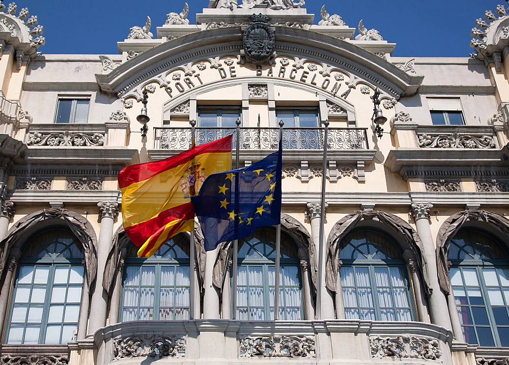 Old Barcelona Port Authority building (Port de Barcelona) at the base of Rambla del Mar, Barcelona, Catalonia, Spain, Europe