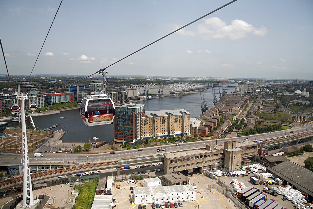 View from a cable car during the launch of the Emirates Air Line showing Excel Exhibition Centre in background, London, England, United Kingdom, Europe