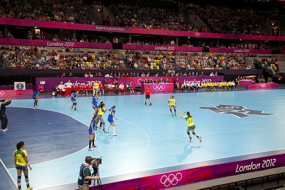 Handball game between Croatia and Brazil in the Copper Box at the Olympic Park, Stratford, London, England, United Kingdom, Europe