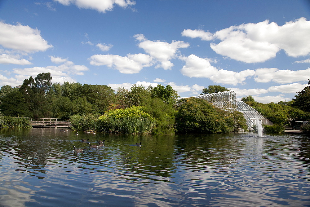 Ducks by fountain and Conservatory on River Thames, Royal Botanic Gardens, UNESCO World Heritage Site, Kew, near Richmond, Surrey, England, United Kingdom, Europe