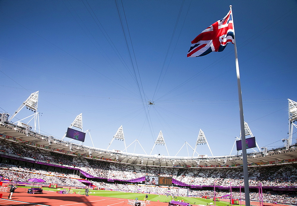 Wide-angle view of the Olympic Stadium in the Olympic Park, Stratford, London, England, United Kingdom, Europe