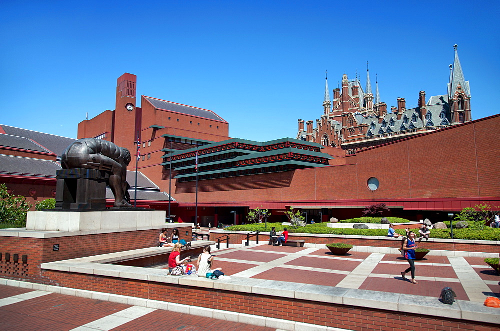 View of the British Library showing Eduardo Paolozzi's sculpture, Euston Road, London, England, United Kingdom, Europe