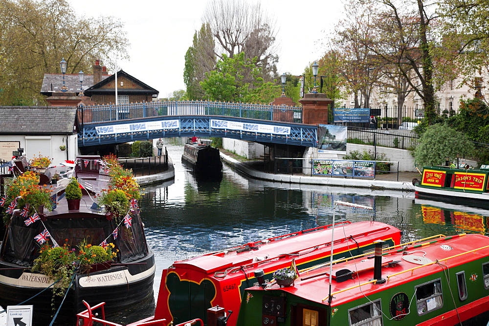 The Grand Union Canal showing the Westbourne Terrace Road Bridge, Little Venice, Maida Vale, London, England, United Kingdom, Europe