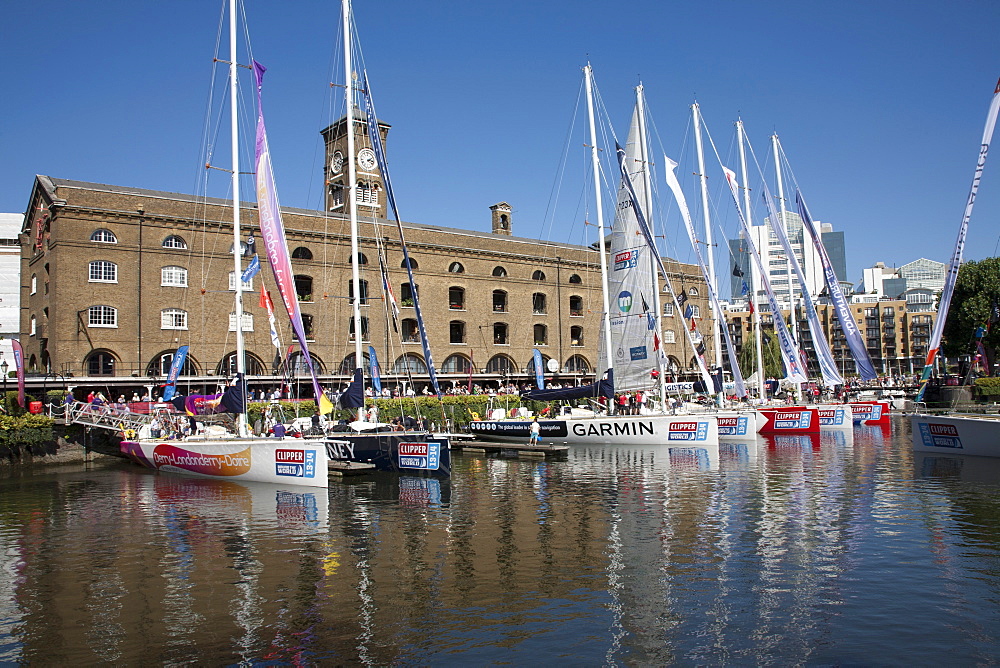 Clipper racing yachts docked at St. Katharine's Dock, London, England, United Kingdom, Europe