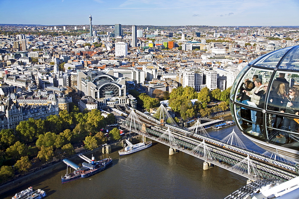 The Hungerford and Golden Jubilee bridges as seen from the London Eye showing the BT Tower in distance, London, England, United Kingdom, Europe