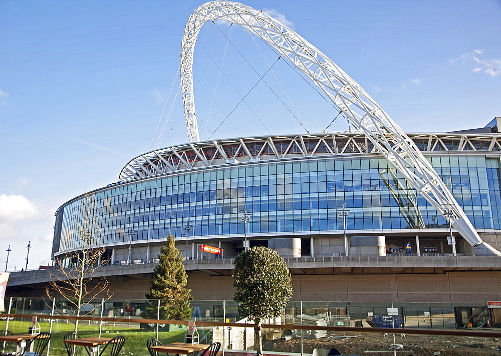 View of Wembley Stadium from the London Designer Outlet in Wembley Park, Brent, London, England, United Kingdom, Europe