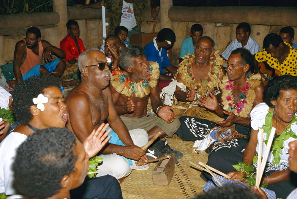 Villagers singing at cava evening, Waya island, Yasawa Group, Fiji, South Pacific islands, Pacific