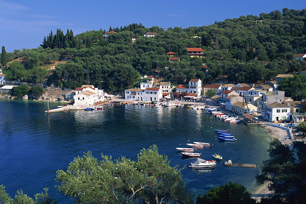 Aerial view over Loggos harbour, Paxos, Ionian Islands, Greek Islands, Greece, Europe