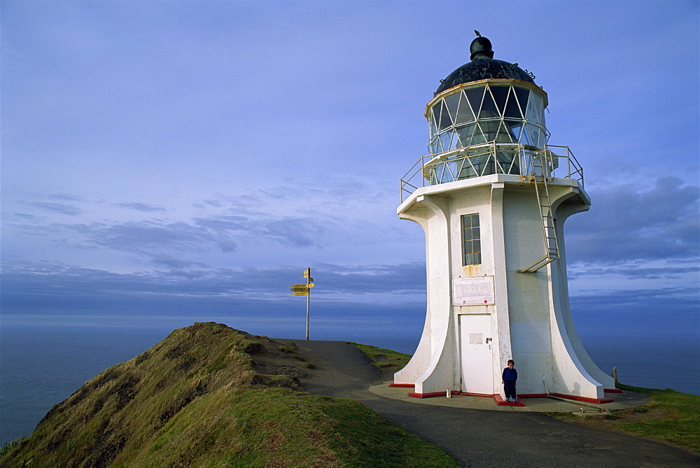 Lighthouse and sign at Cape Reinga, Northland, North Island, New Zealand, Pacific