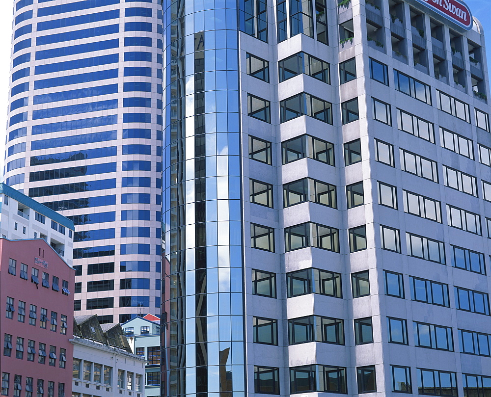 Close-up of modern buildings in the downtown area of the city of Auckland, City of Sails, in the North Island, New Zealand, Pacific