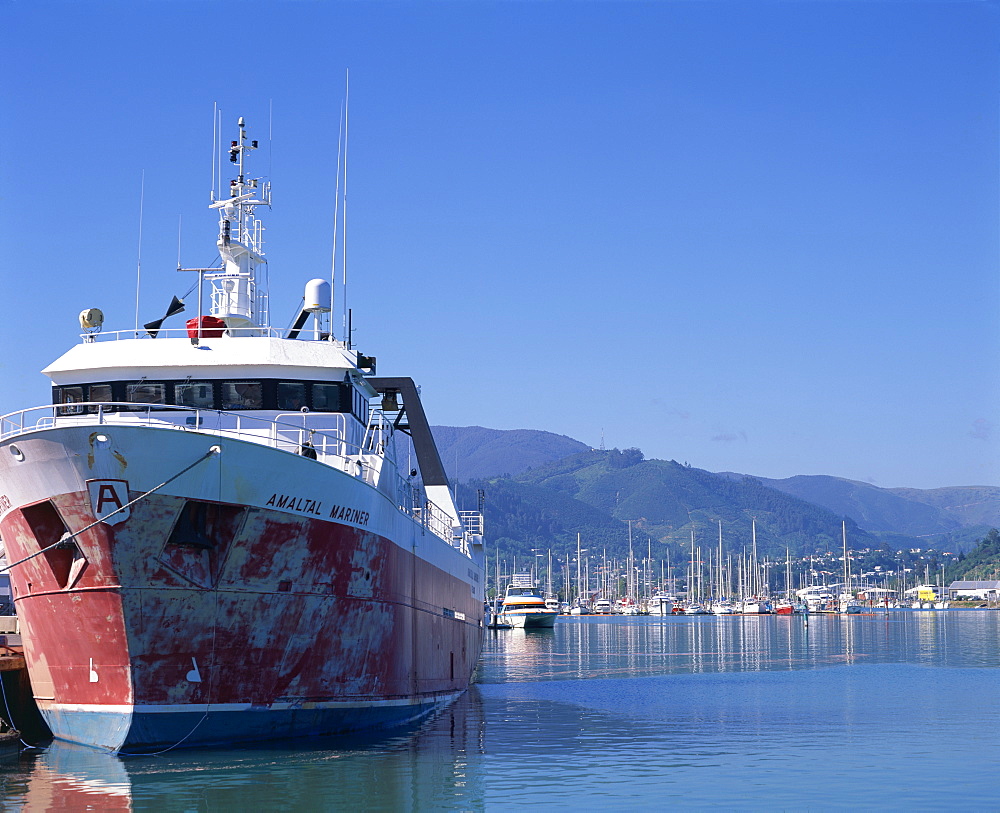 Ship moored in harbour at Nelson, Malborough Sounds, Marlborough, South Island, New Zealand, pacific