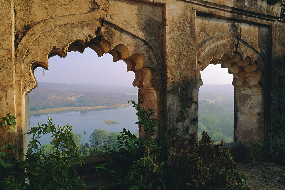 Padam Talao Lake from the palace, Ranthambore National Park, southwest Rajasthan State, India, Asia